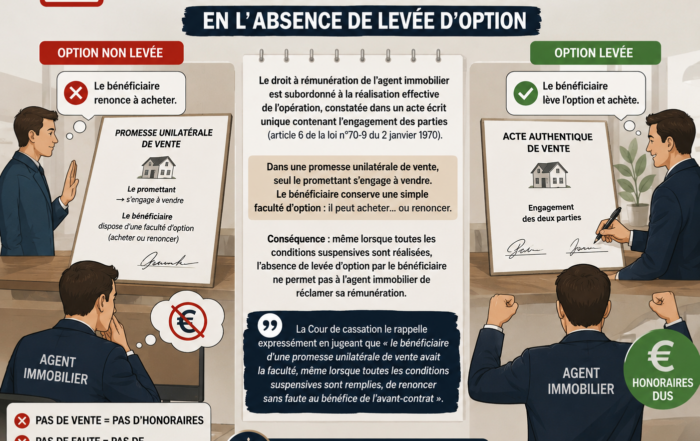 PROMESSE UNILATERALE DE VENTE : PAS DE REMUNERATION DE L’AGENT IMMOBILIER EN L’ABSENCE DE LEVEE D’OPTION