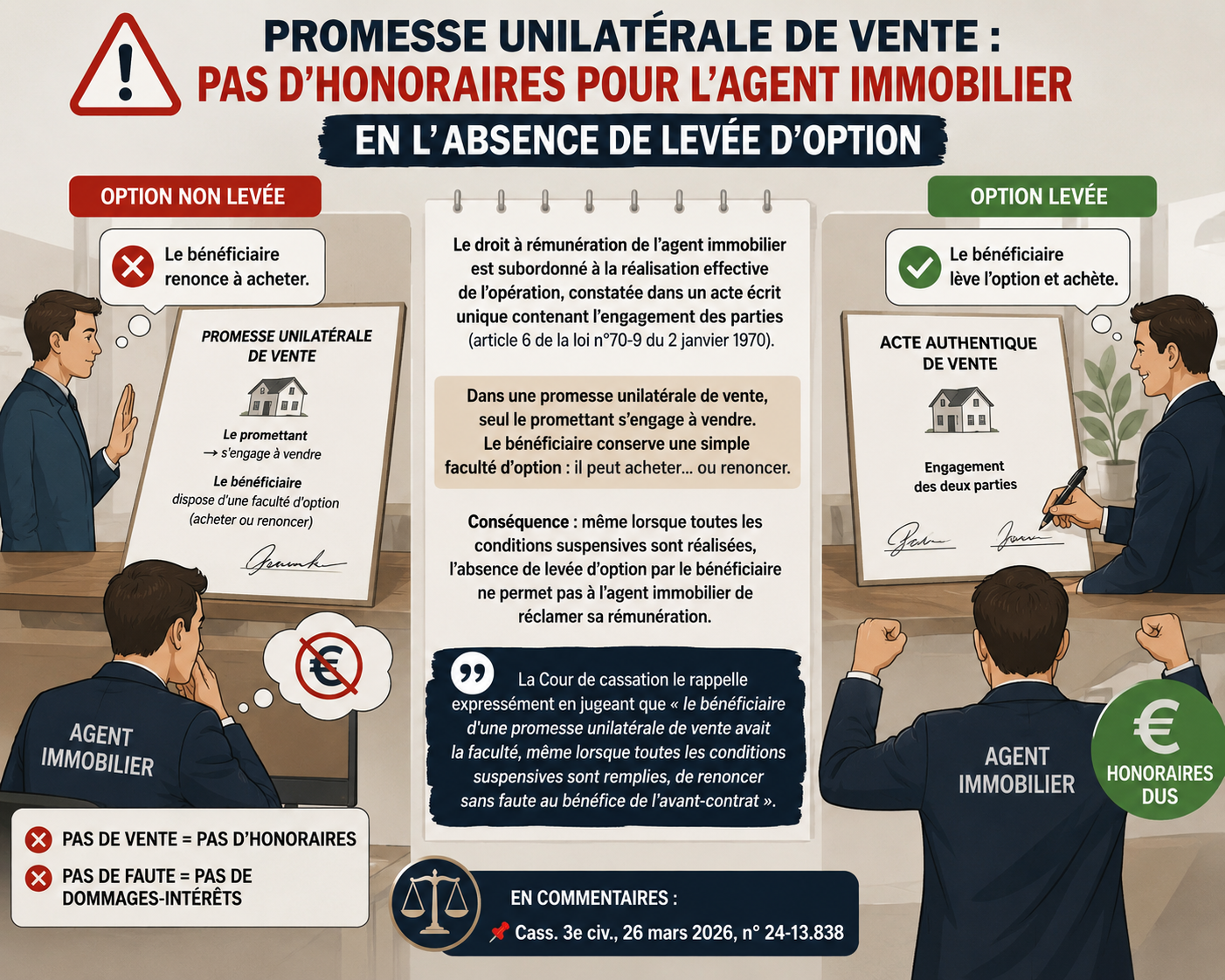 Promesse unilatérale de vente : Pas de levée d&rsquo;option, pas d&rsquo;honoraire d&rsquo;agence